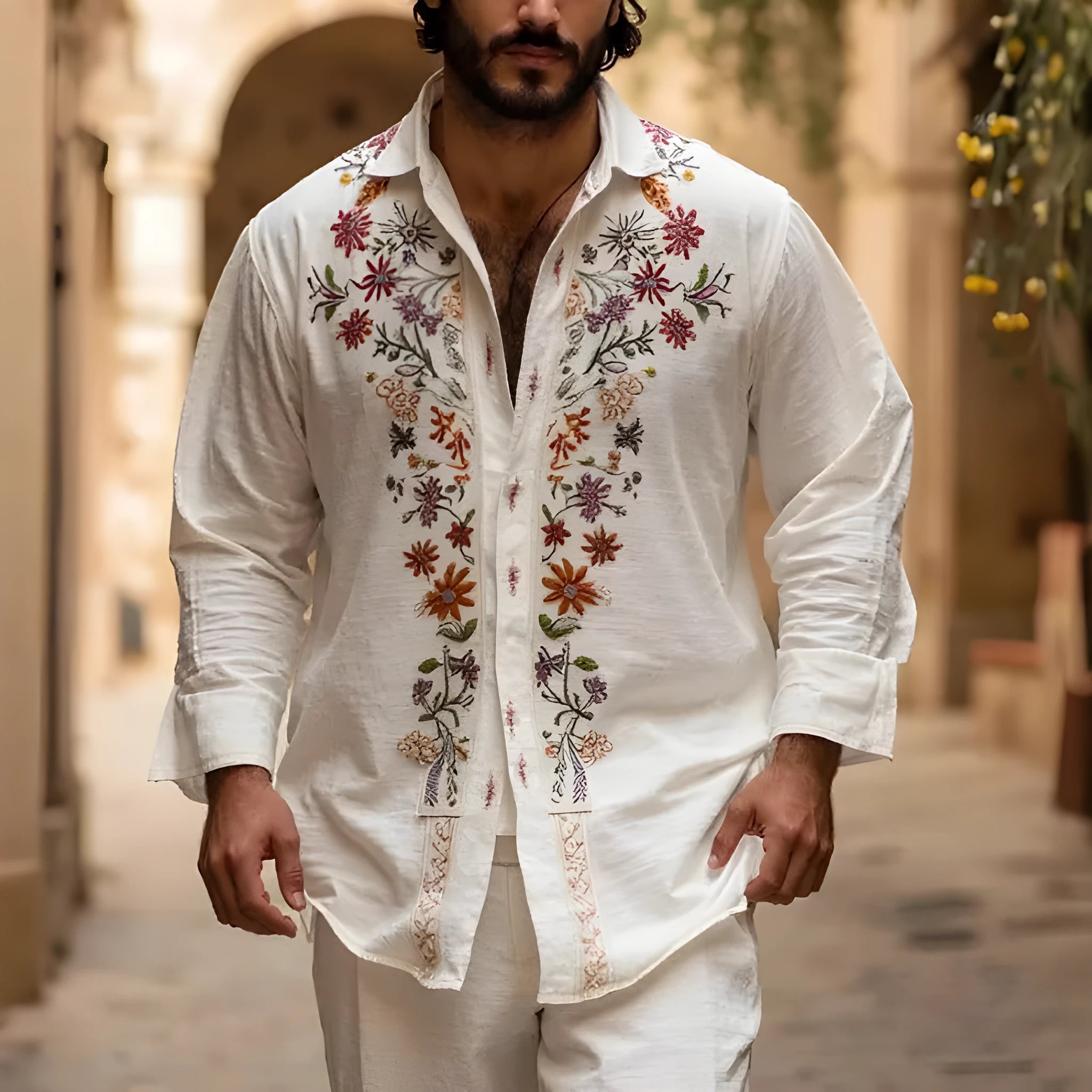 Men's retro pattern long sleeve cardigan in bamboo linen fabric, shown in loose fit.