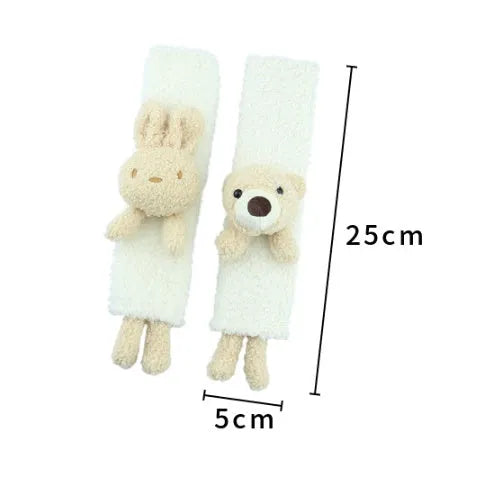 Plush lamb wool car seatbelt shoulder protector with cartoon rabbit and bear designs.