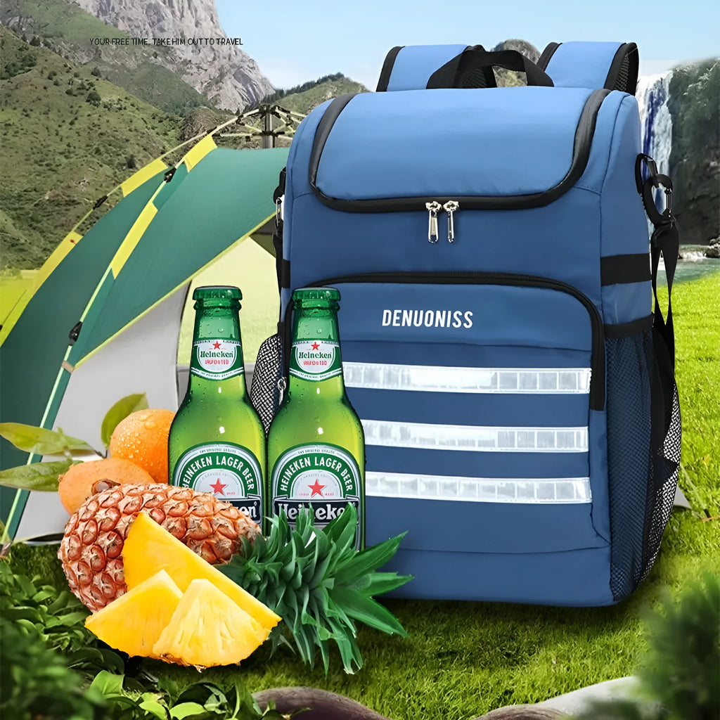 Black modern simplicity cloth backpack with an insulated side pocket for a beer bottle.