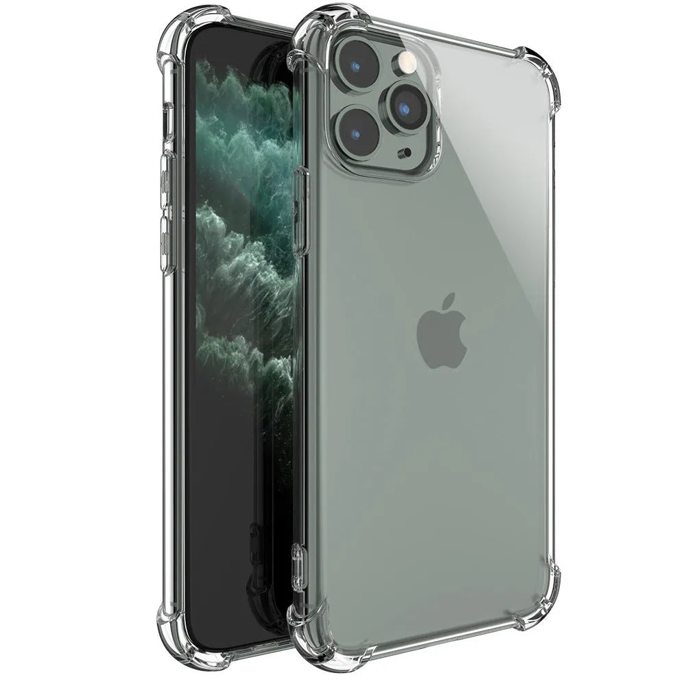Clear transparent TPU shockproof phone case for Apple iPhone.