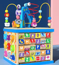 Blue wooden bead treasure box toy with multiple play scenes and bead runs, dimensions 23x23x32cm