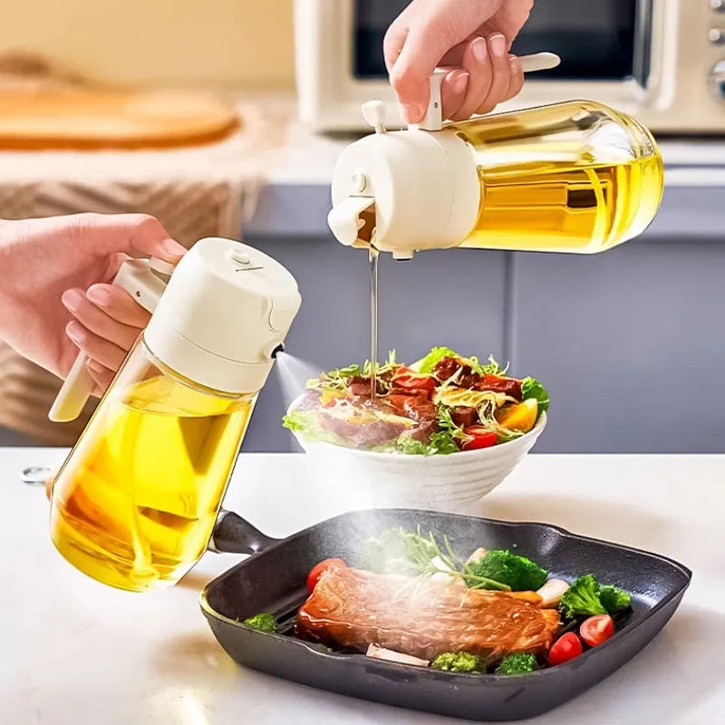 Glass olive oil sprayer and pour bottle with ergonomic handle in four colour options