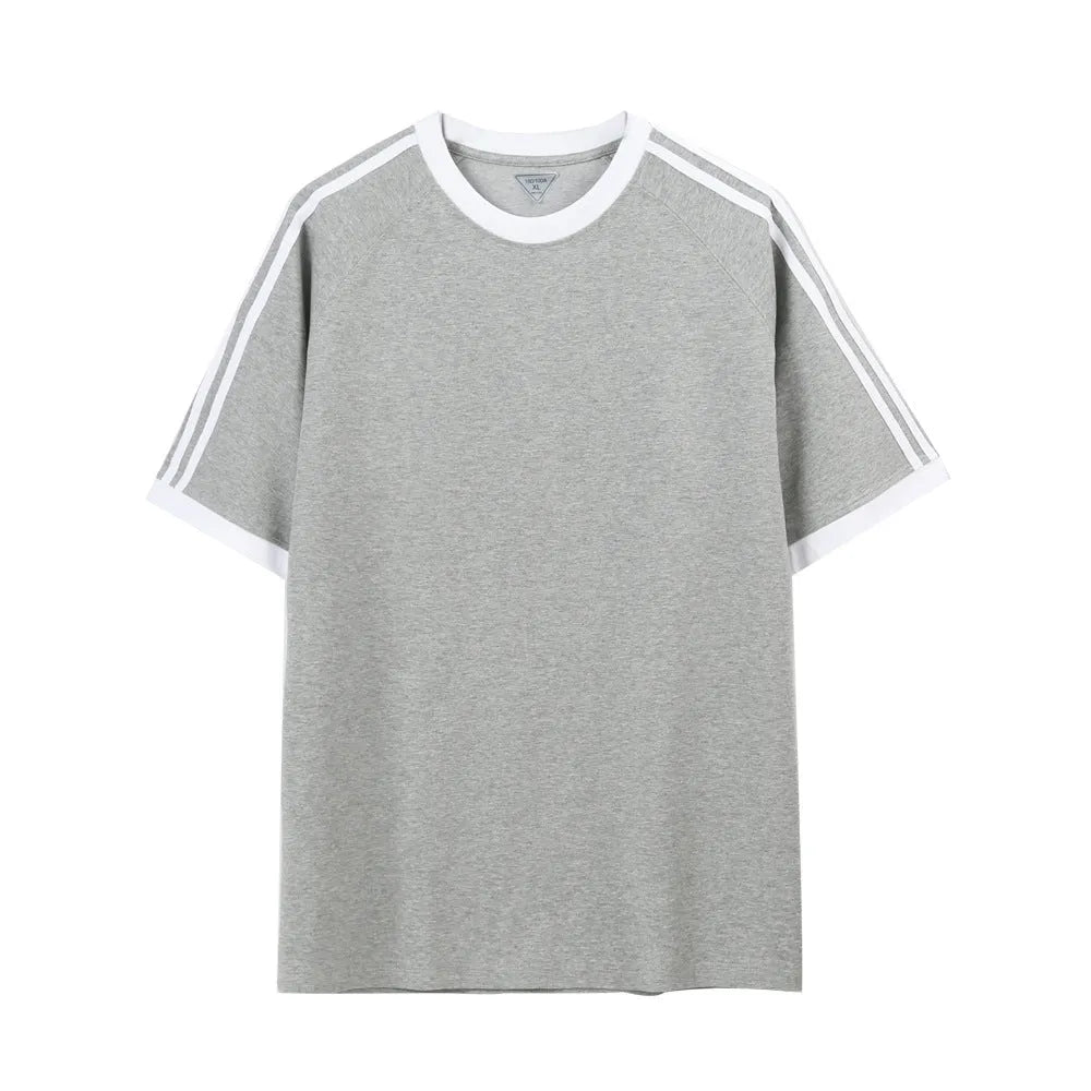 Ice silk stripes five-point top in ice-feeling cotton, loose fit pullover design, unisex summer shirt