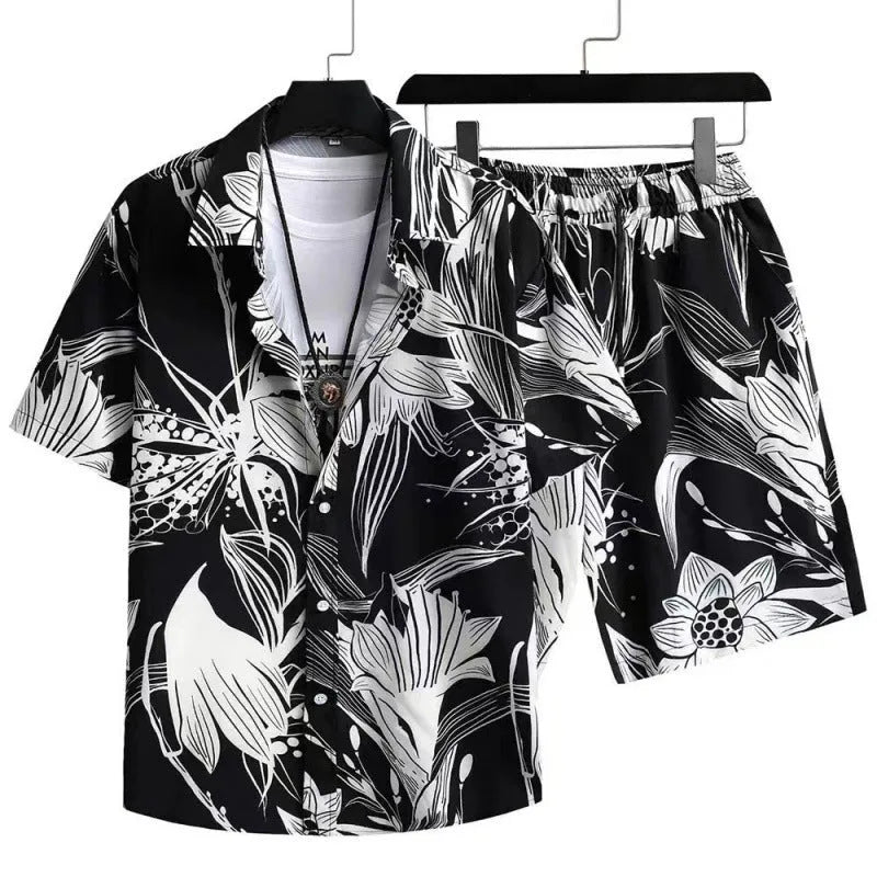 Men's casual digital print short sleeve shirt and matching shorts set in polyester.