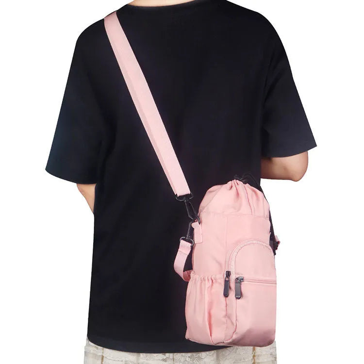 Canvas water bottle pouch with elastic drawstring closure showing black, green, and pink colour options