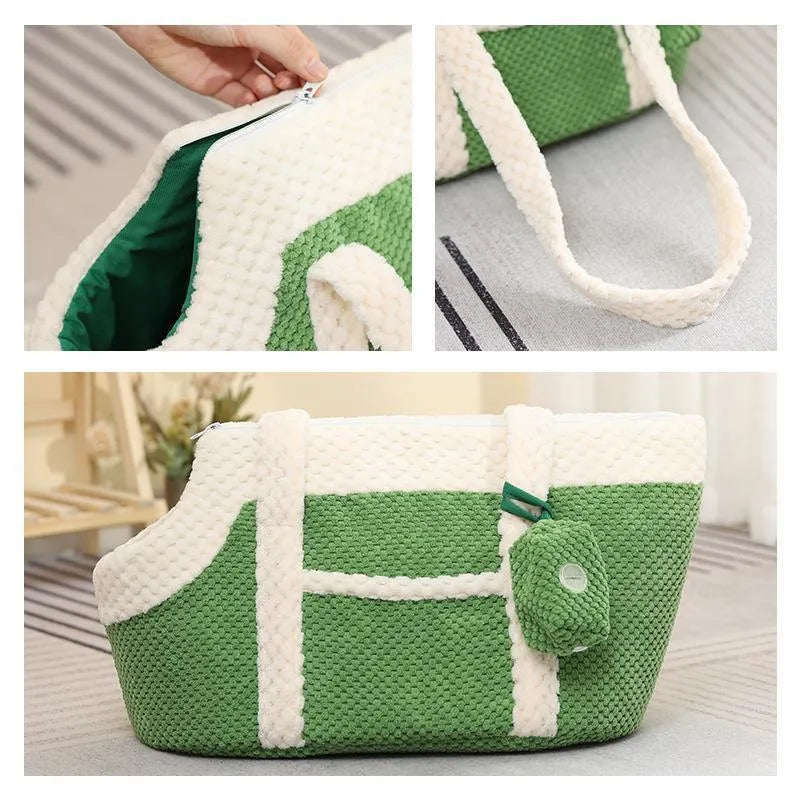 Shoulder cat bag in short plush fabric with cartoon pattern and vertical stripe design