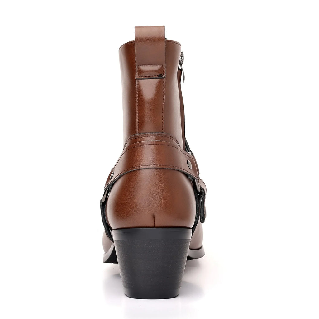 Side view of a black unisex boot with a square toe, side zip, and decorative rivets on a block heel.
