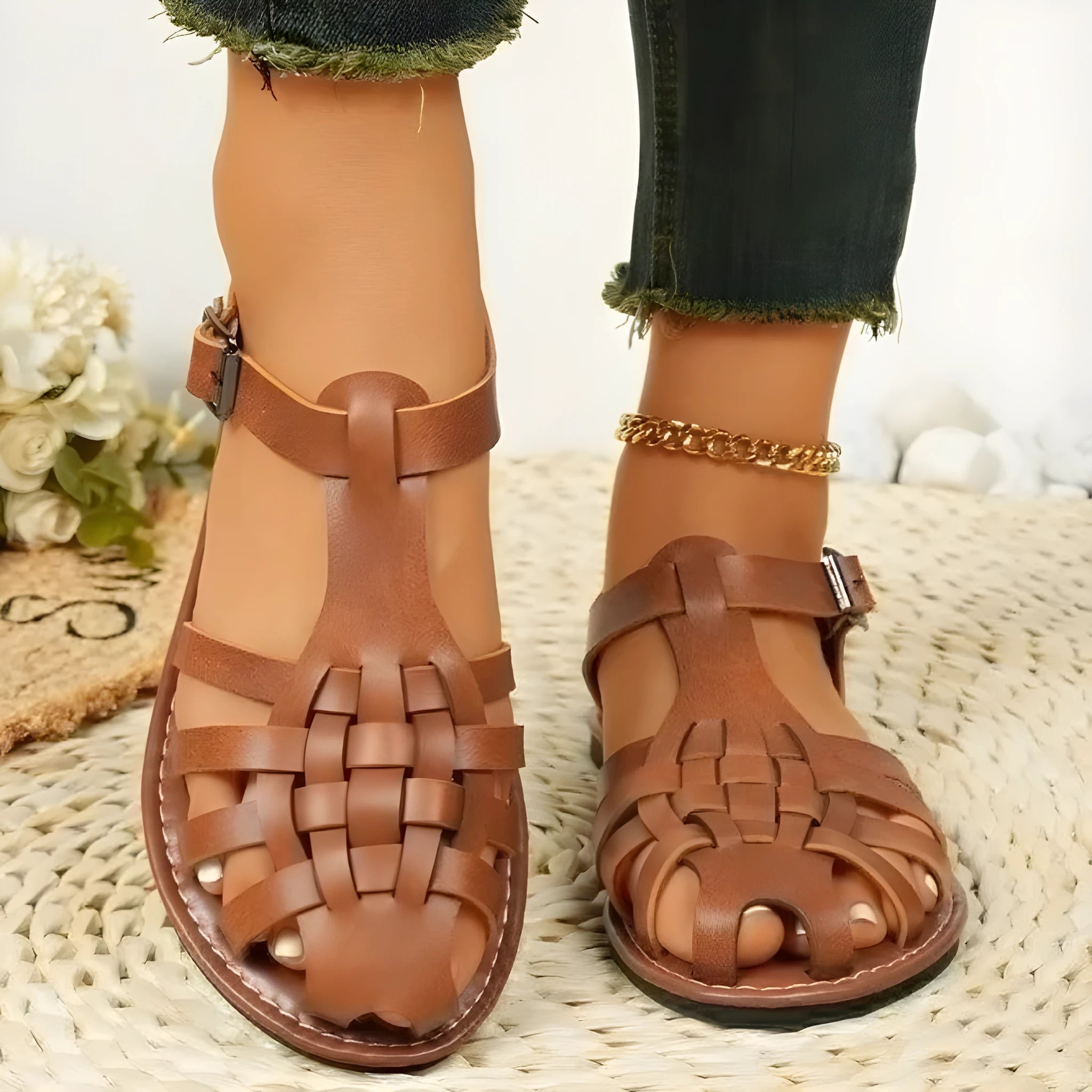 Dark brown women's vintage weave sandals with closed round toe, buckle fastening, and a low-top PU upper.