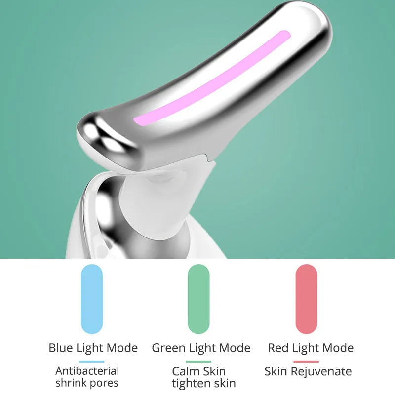 Black silver EMS thermal neck massager with LED lights on a white background.
