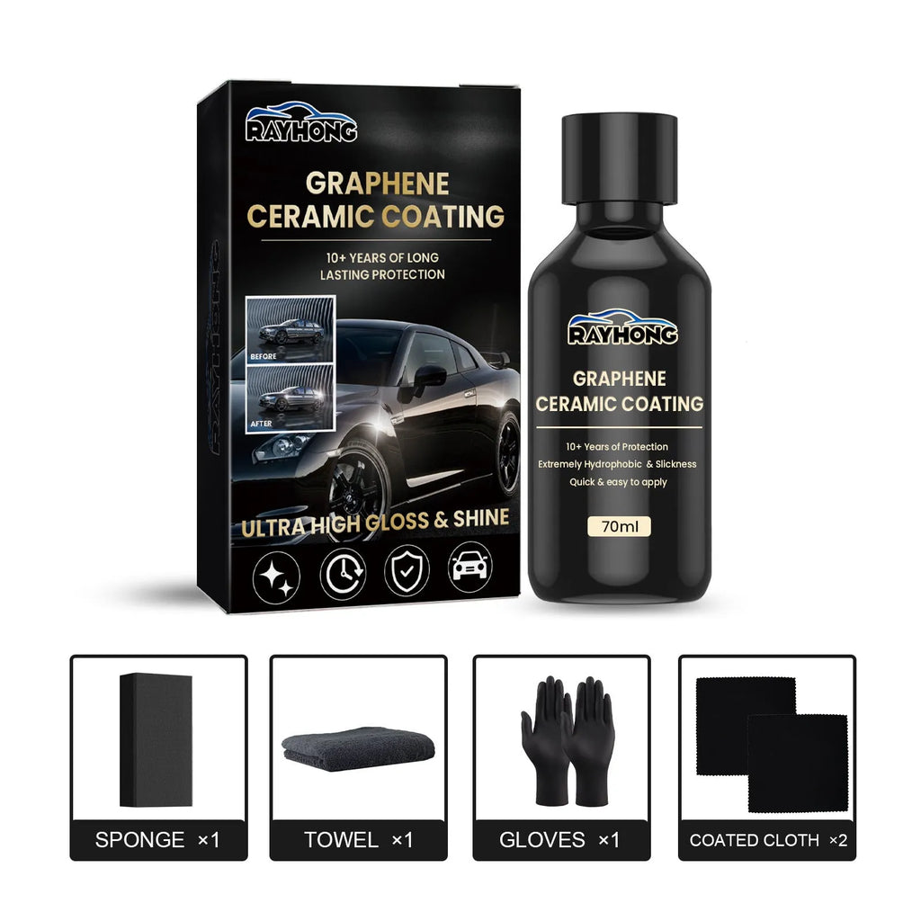 70ml bottle of graphene ceramic car coating with sponge, microfiber towel, gloves, and applicator cloths.