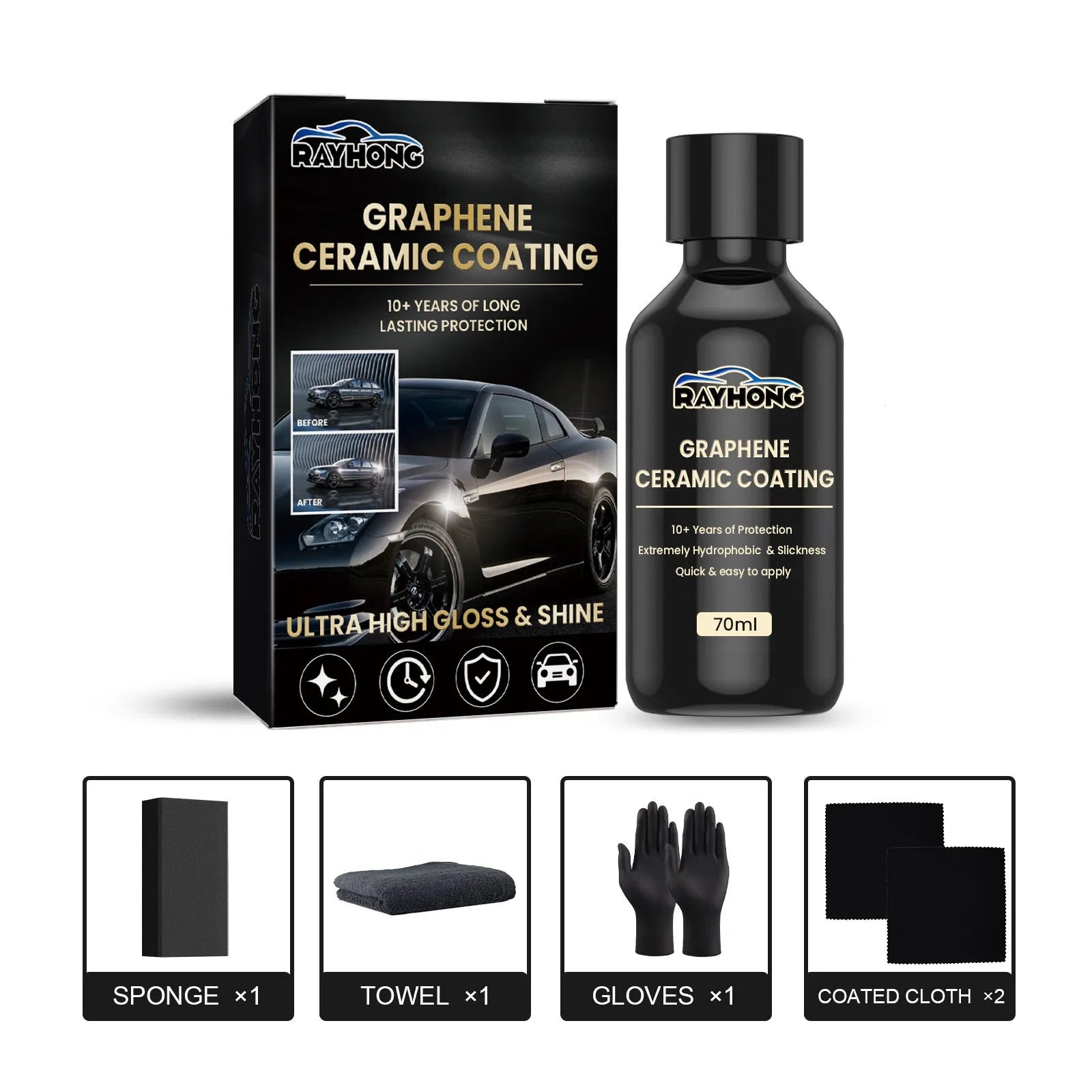 70ml bottle of graphene ceramic car coating with sponge, microfiber towel, gloves, and applicator cloths.