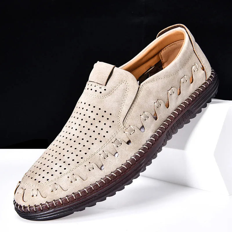 Men's brown slip-on casual leather shoes with a round toe and flat sole.