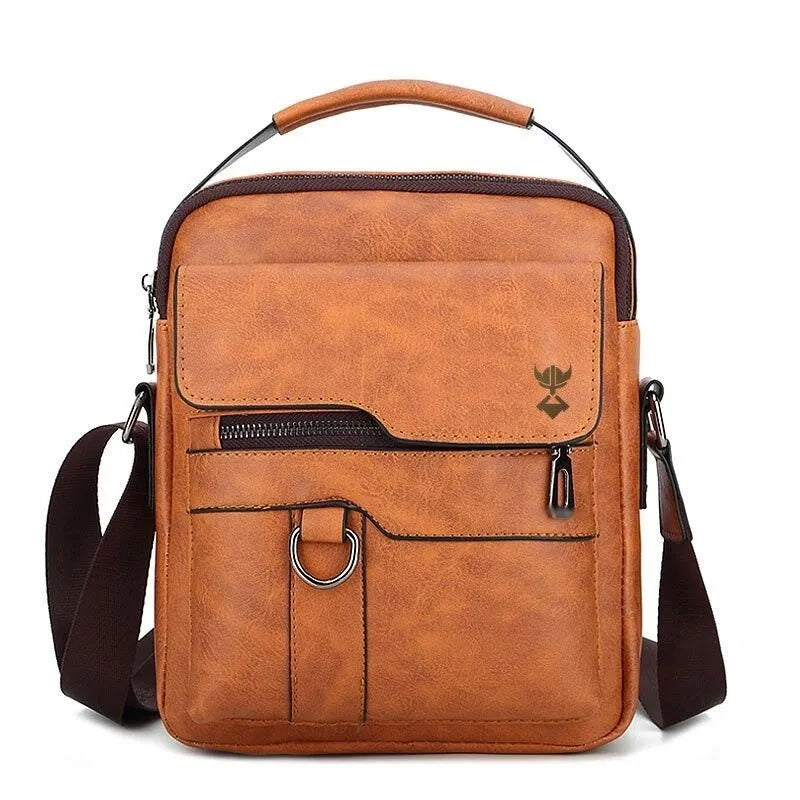Khaki PU leather men's shoulder bag with zipper opening and internal organisation pockets