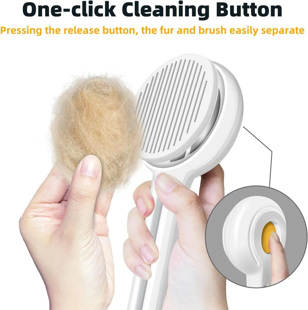 Yellow cat brush with release button and stainless steel bristles on a light background