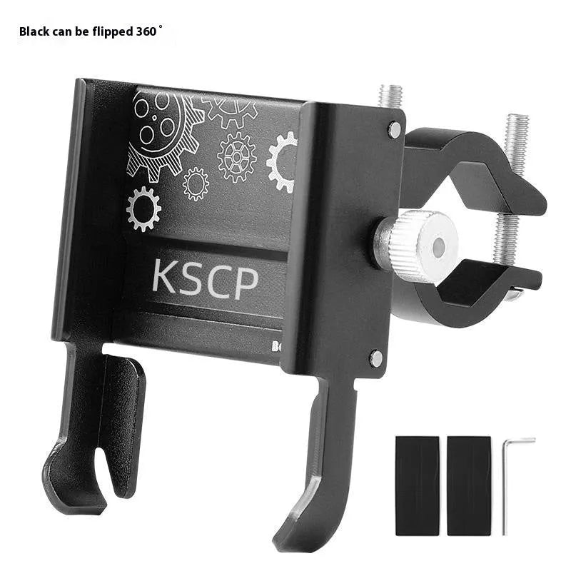 Aluminium alloy mobile phone holder mounted on bicycle handlebars showing black colour option