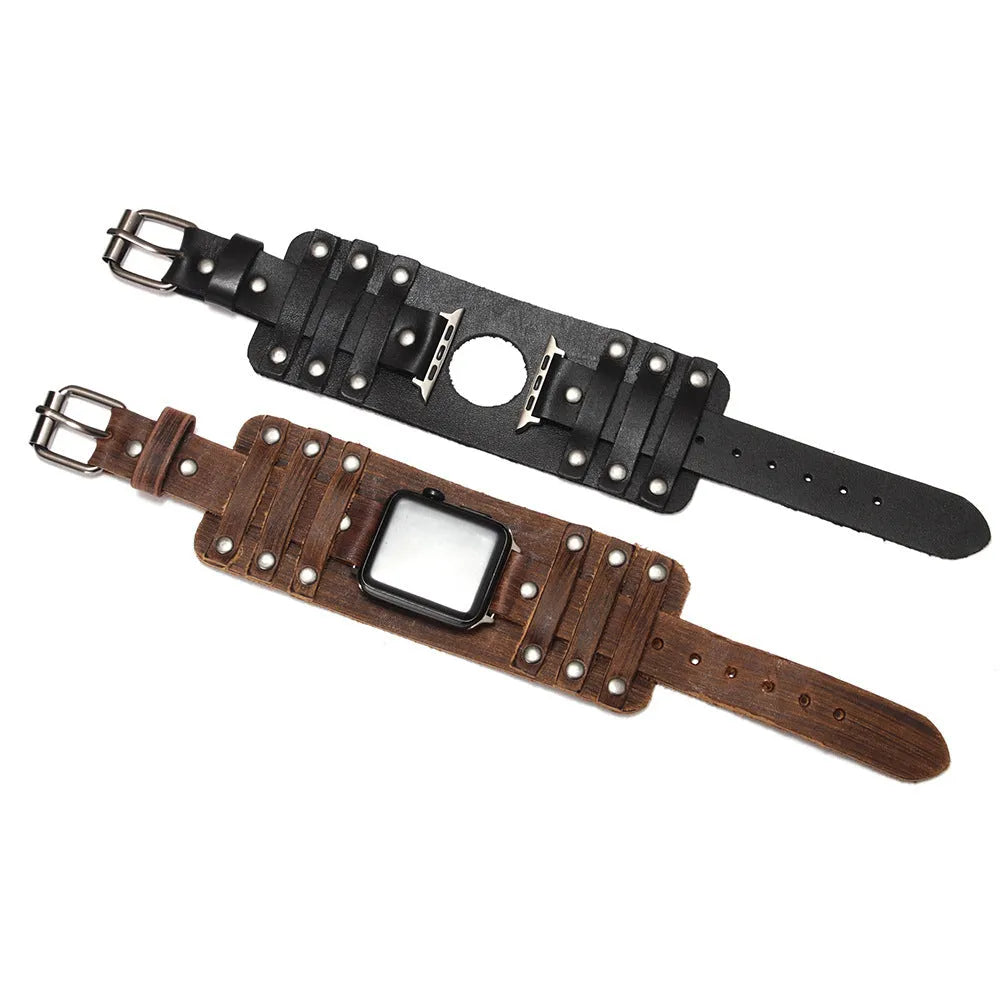 Genuine cowhide watch strap punk style black colour 38/40mm lug width on a dark background