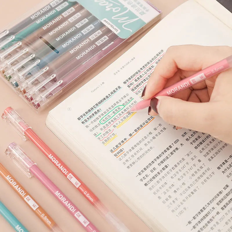 Nine retro-style gel pens in assorted colours with 0.5mm needle tips arranged in set packaging
