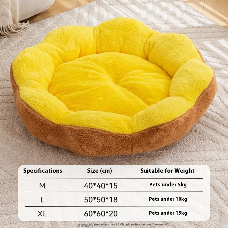 Brown grey rabbit plush round cat bed with a thick, soft texture and raised sides.