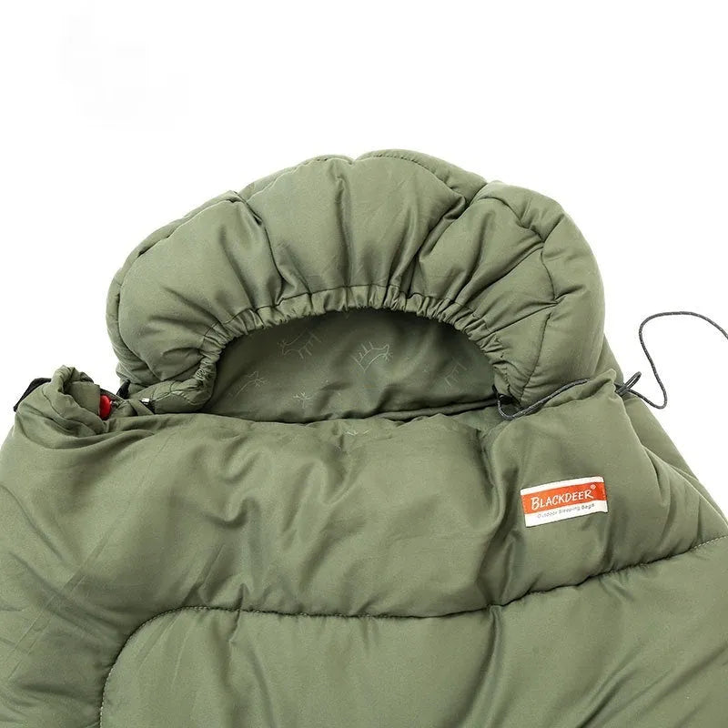 Ochre and olive green ultra-light cotton sleeping bag quilt for camping, shown folded and portable.