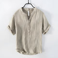 Solid colour linen pullover top with short sleeves shown in grey, khaki and white colour options
