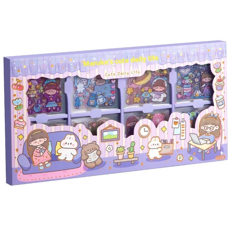 Children's sticker collection box with five themed designs including cute meatballs and interstellar team illustrations