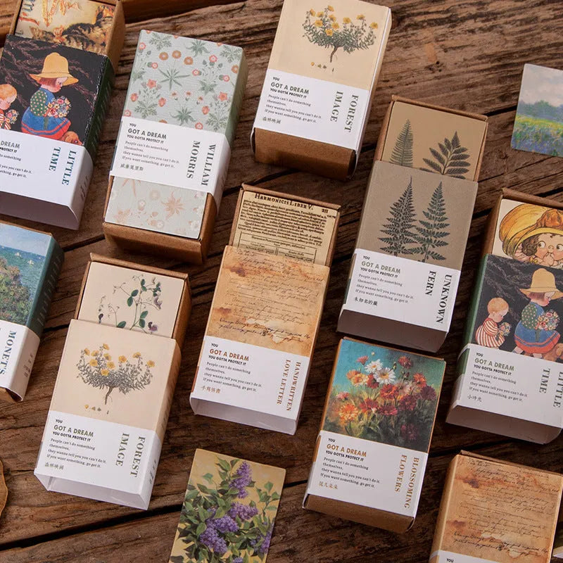 100 double-sided retro mini note cards in seven colours including blossoming flowers and antique paper