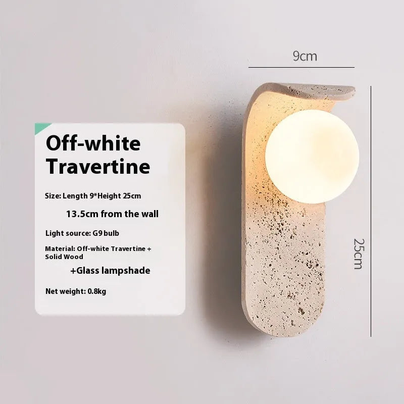 Cream cave stone bedside wall lamp with warm light bulb, 9cm wide and 25cm tall, wall-mounted