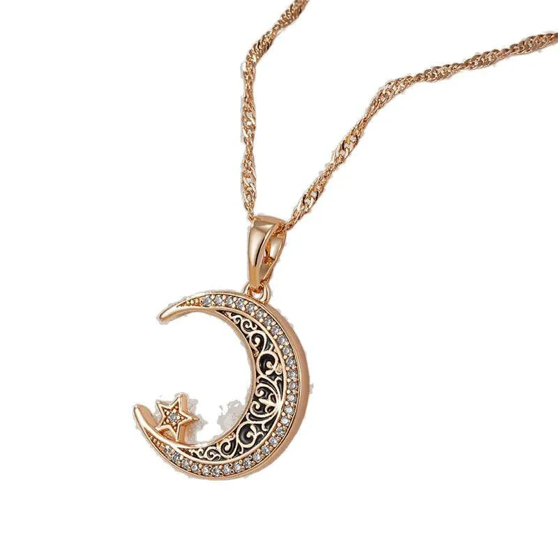 Rose gold star moon necklace with adjustable water wave chain showing zircon and enamel pendant details