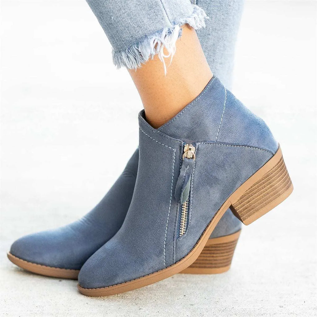 Dr Martens women's suede ankle boots with side zip and chunky heel in beige colour