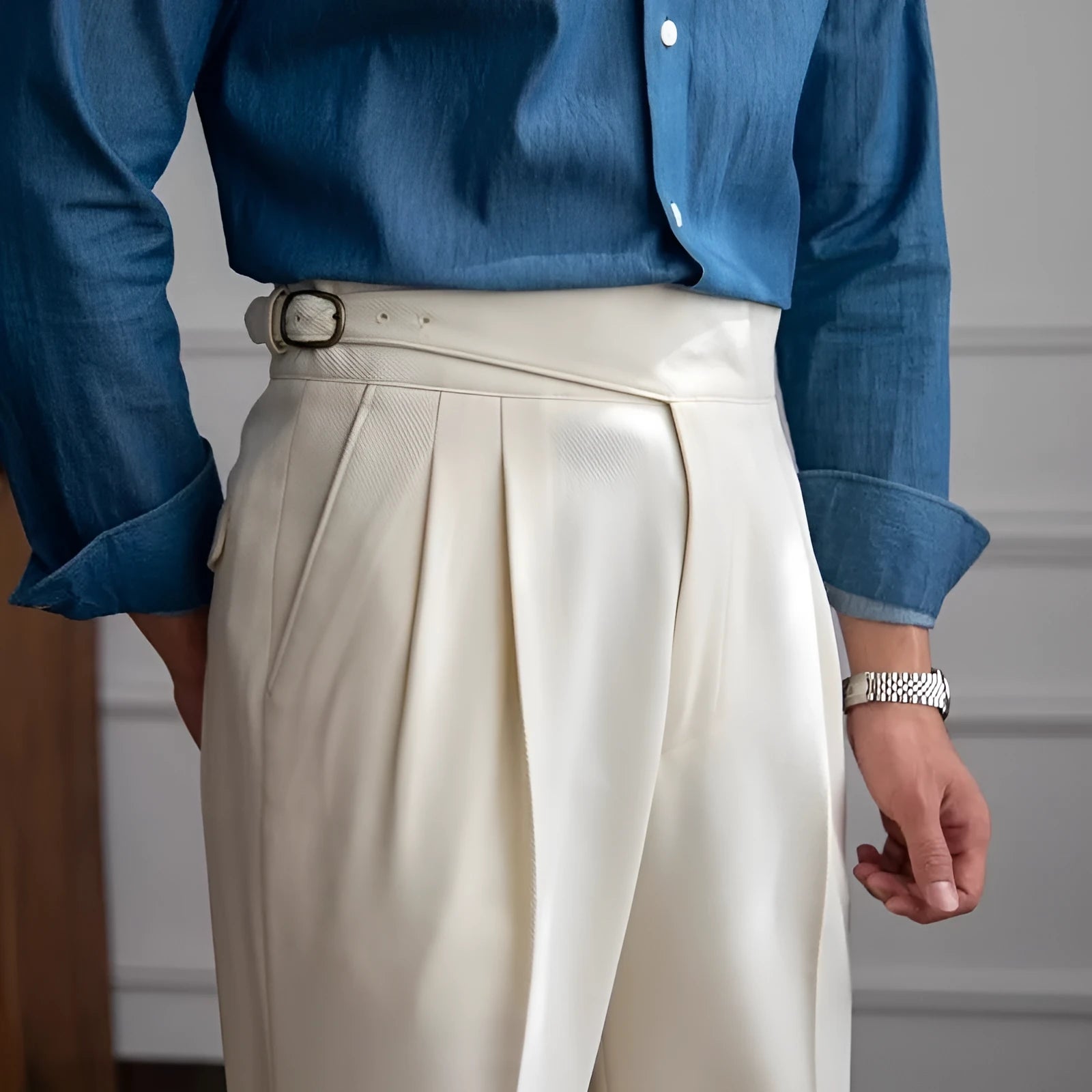 Men's high waist straight leg casual trousers in black polyester fabric on a mannequin.
