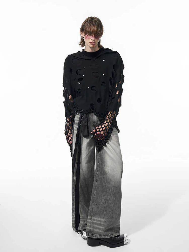 Black men's loose-fit hoodie with pearl decorative detailing on the hood.