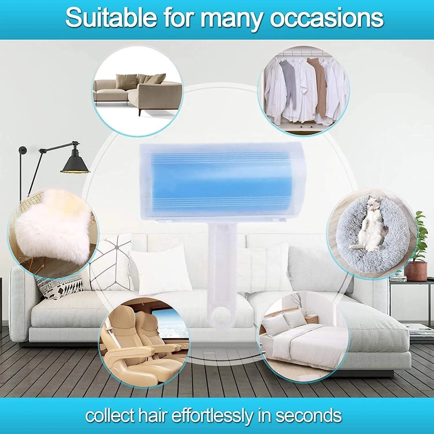 Blue washable lint roller with cover for removing pet hair from clothes and furniture