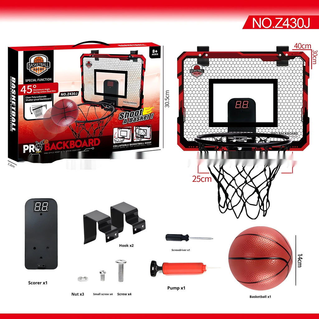 Red and blue folding basketball frame with scoring panel, suction cups, and a 16cm ball on a door