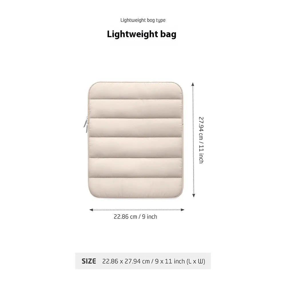 Fluffy air feeling laptop sleeve with elastic sides for 9.7 to 11 inch devices in black, khaki, or silver.