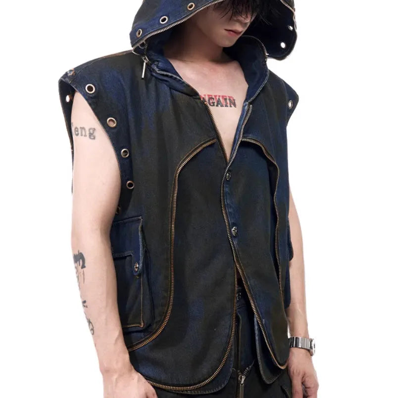 Blue Korean-style hooded denim vest coat with matching trousers, zippered front closure