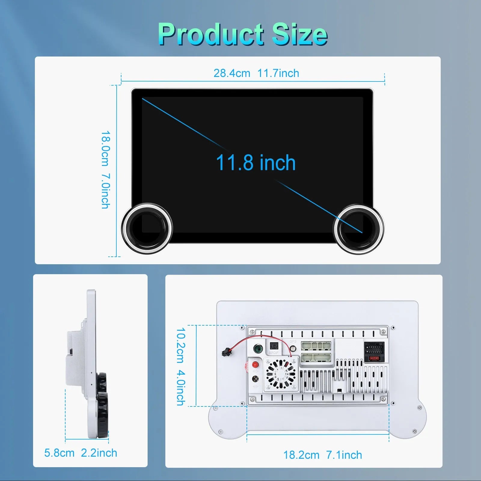 11.8-inch Android car stereo with dual control knobs on a QLED touchscreen display
