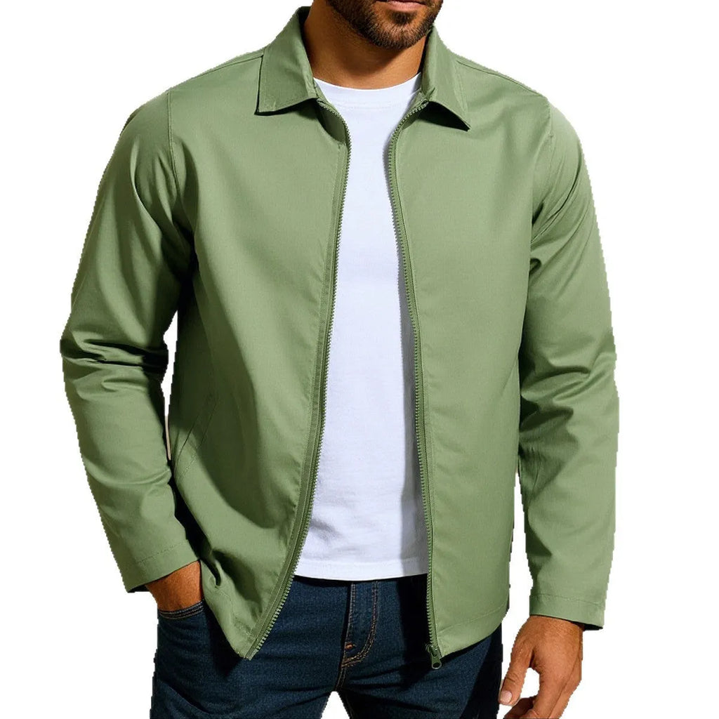 Men's green polyester blend cardigan jacket with front zipper and raglan long sleeves laid flat.