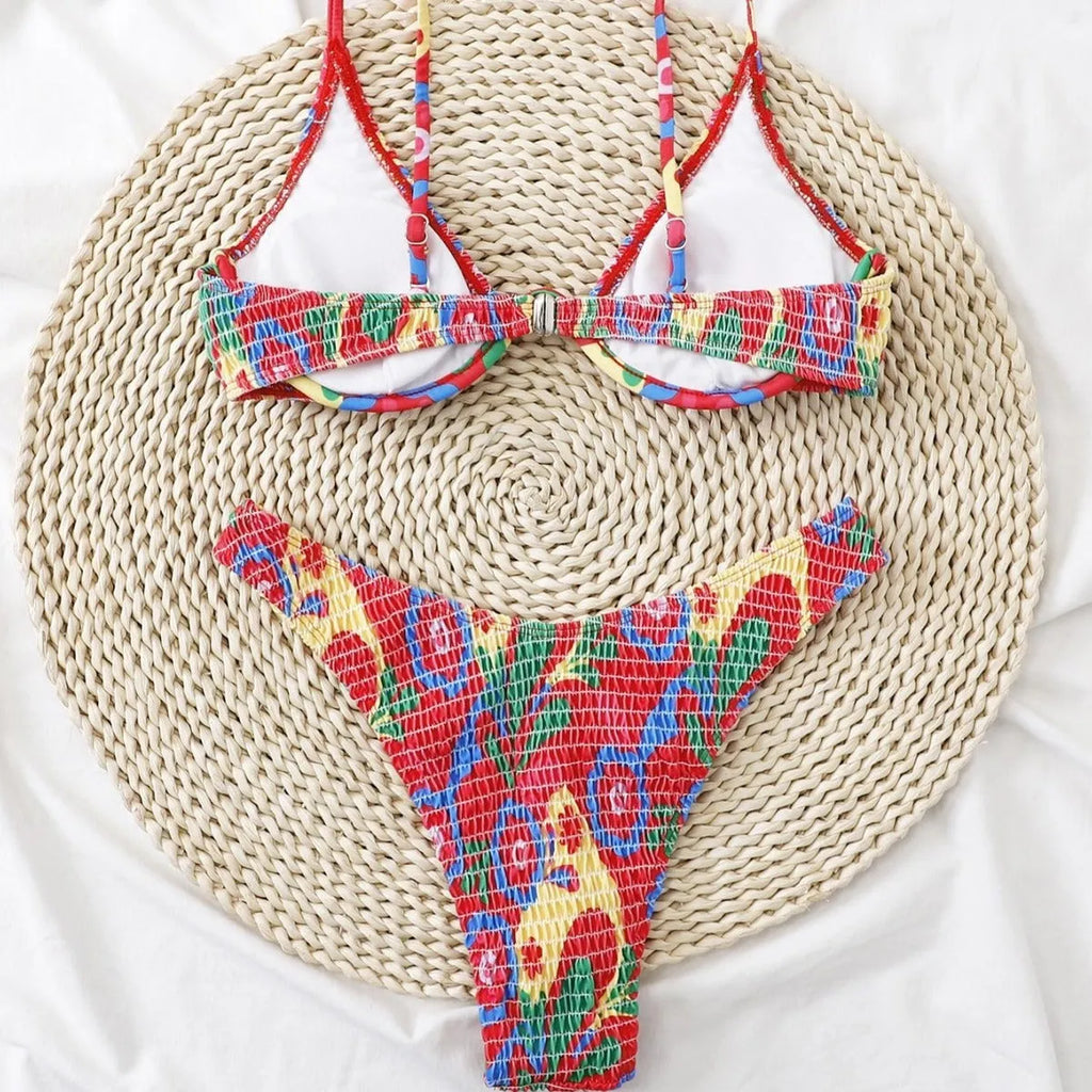 Red floral underwire bikini set with triangle top and briefs bottoms for women's swimming