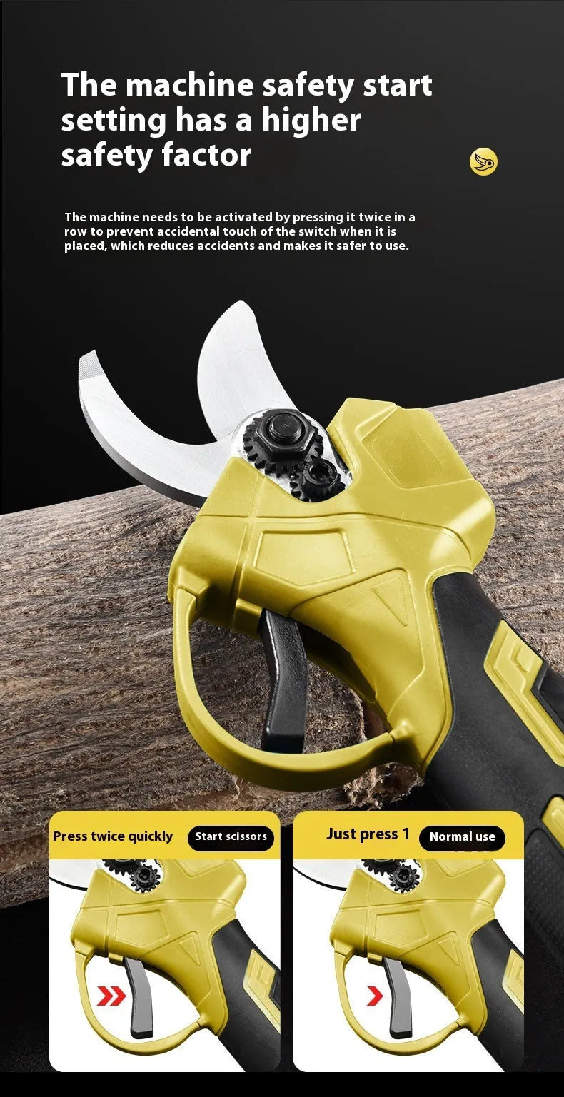 Wireless electric pruning shear with lithium batteries and plastic storage case.