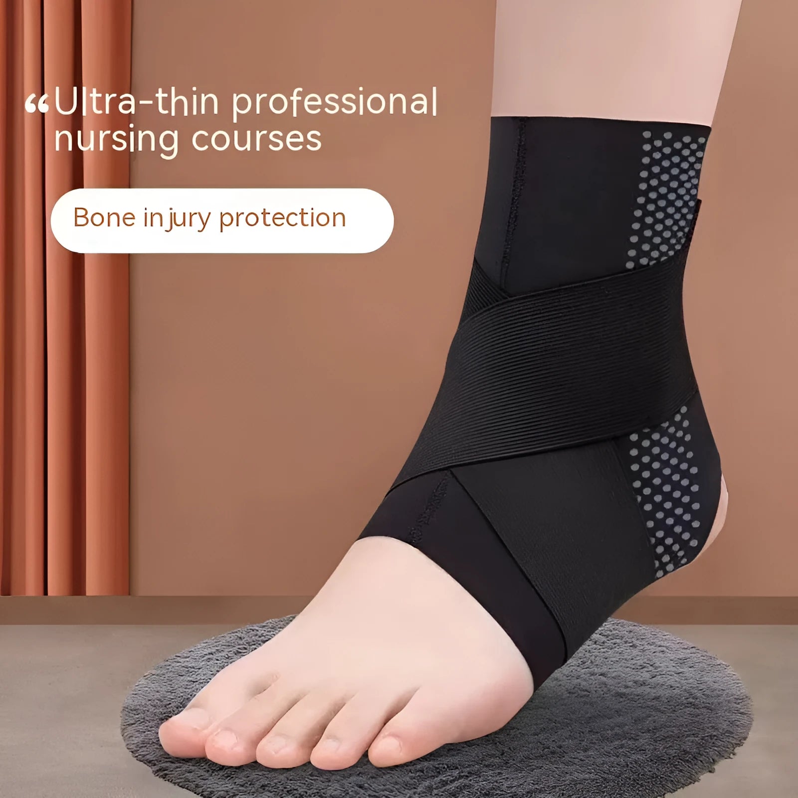 Black Lycra ankle support brace with anti-kick protection shown on adult ankle