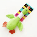 Blue duck-shaped dog plush toy with squeaker on a plain background