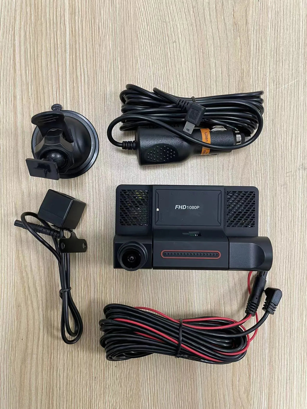 Black three lens dashcam with 4 inch front and rear screen for vehicle monitoring