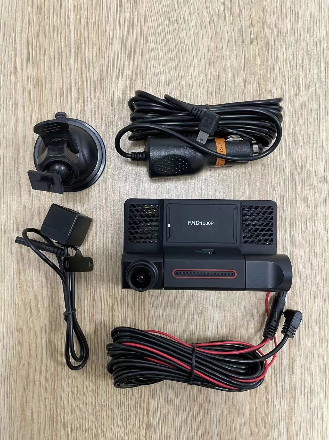 Black three lens dashcam with 4 inch front and rear screen for vehicle monitoring