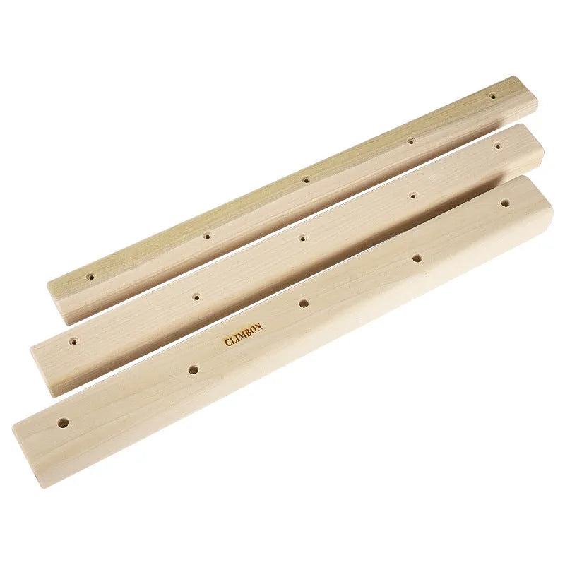 Set of three solid wooden finger grip training boards in 12cm, 40cm, and 50cm lengths displayed together
