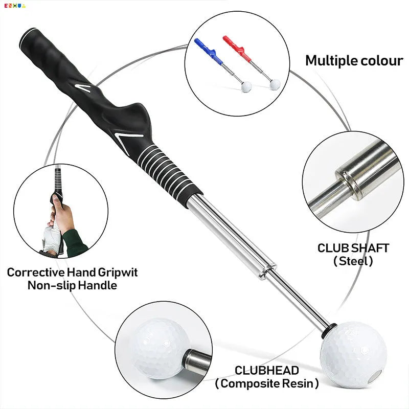Stainless steel telescopic golf swing simulator trainer in black, blue, and red colours.