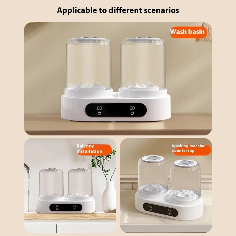 White double bucket mini USB washing machine for small garments on a countertop.