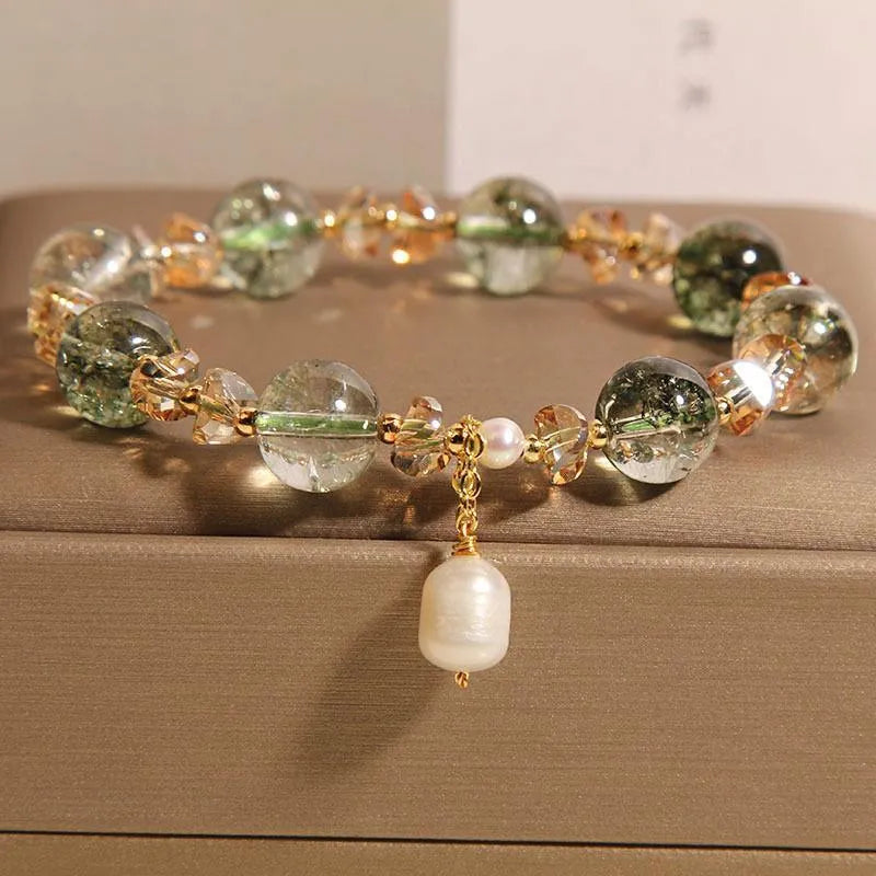 Women's natural chorite crystal bracelet with green phantom quartz stones and high-grade pearl accents