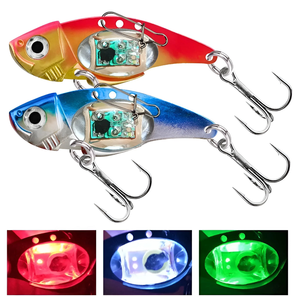 Electronic fishing lure with luminous metal vib body in blue and red colour options