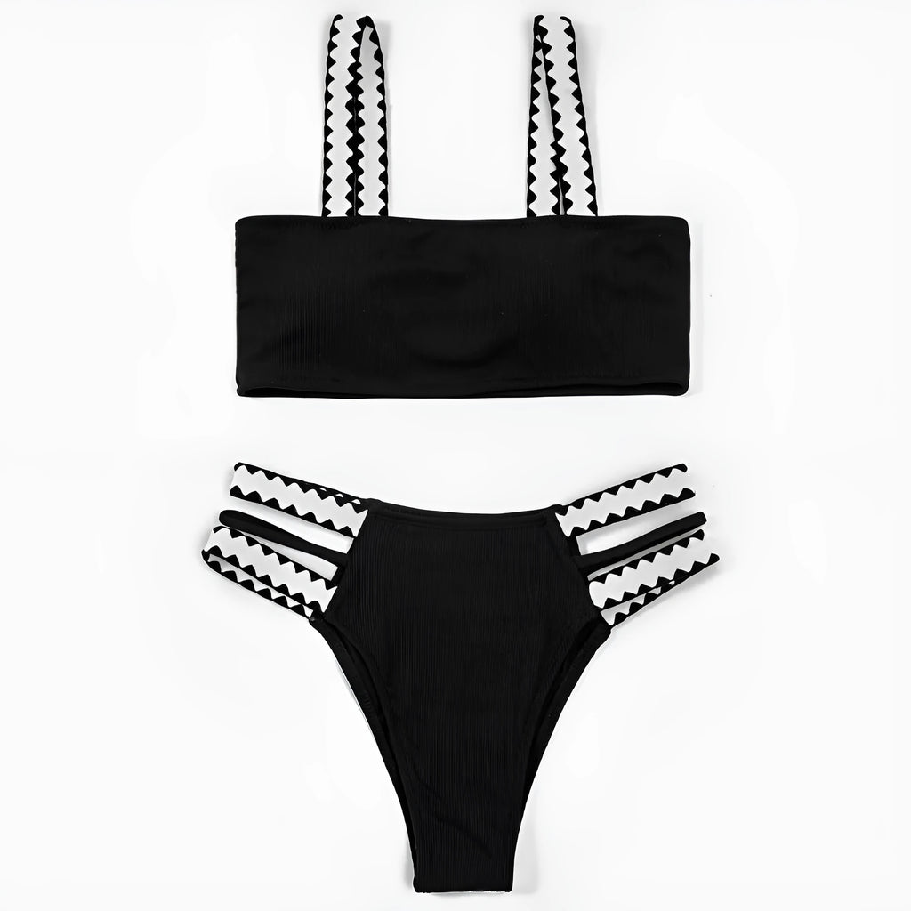 Black women's bikini swimsuit with a hollowed-out split design, showing front and back views.
