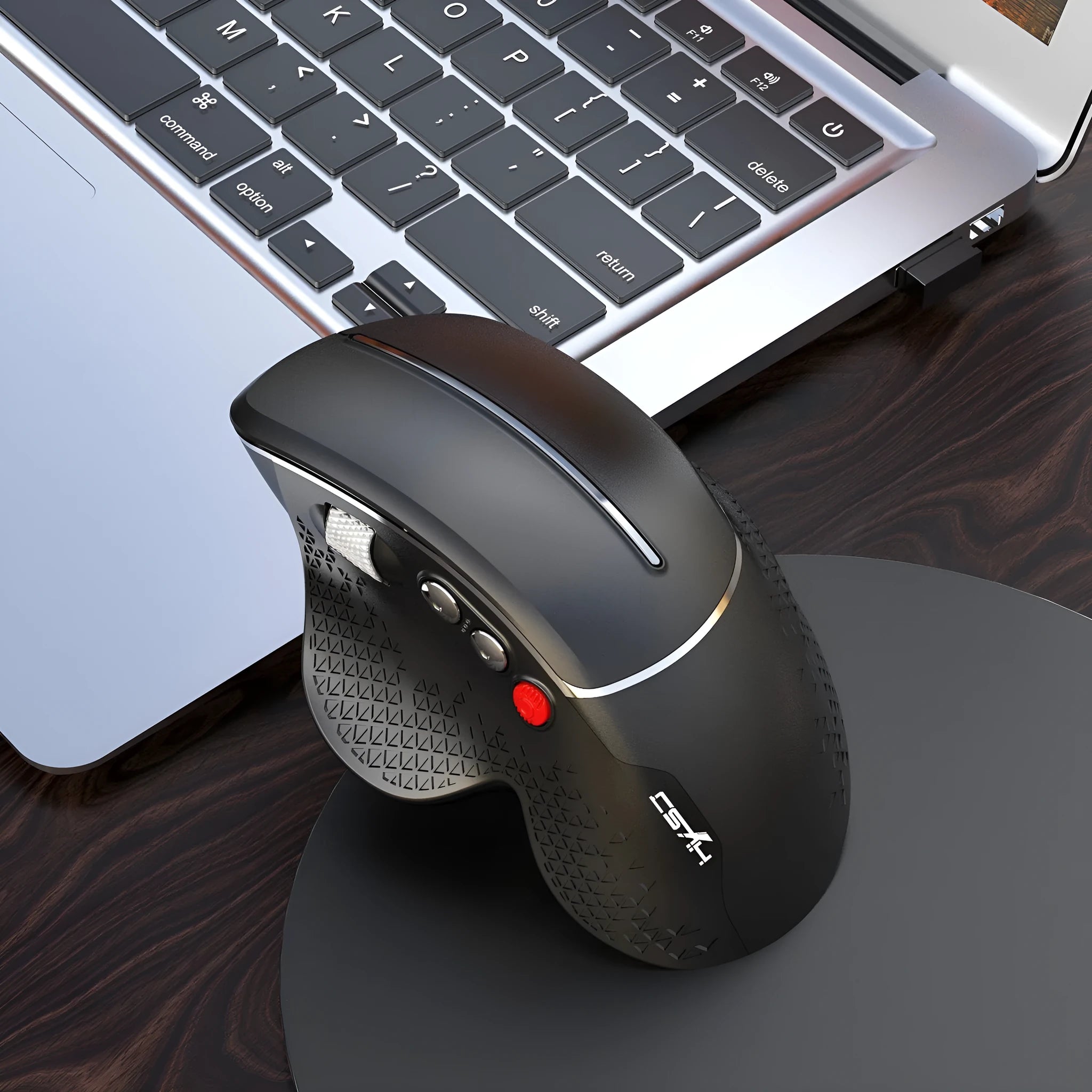T32 wireless ergonomic vertical mouse in black matte finish showing aluminium side roller and USB receiver.